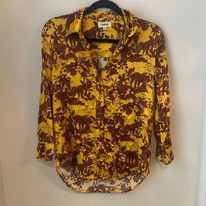 L’AGENCE Dani Safari Scenic Silk Blouse Yellow Brown Toile Print Size Small